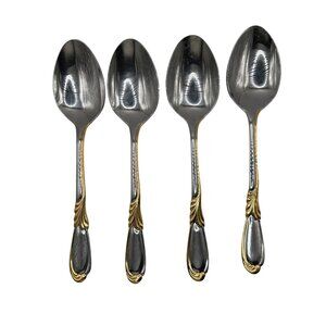 Retroneu Linda Stainless Steel Gold Accent Soup Spoons Set Of 4 Made In Korea